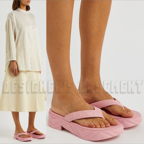 Gucci Shoes - GUCCI pink rubber 38 -8US Logo Thong Matelasse quilt Platform Slides sandals NIB